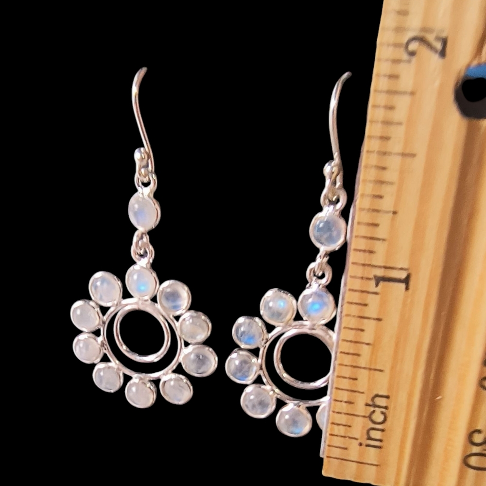 Rainbow Moonstone And Sterling Silver Artisan Flower Earrings - Picture 3 of 8